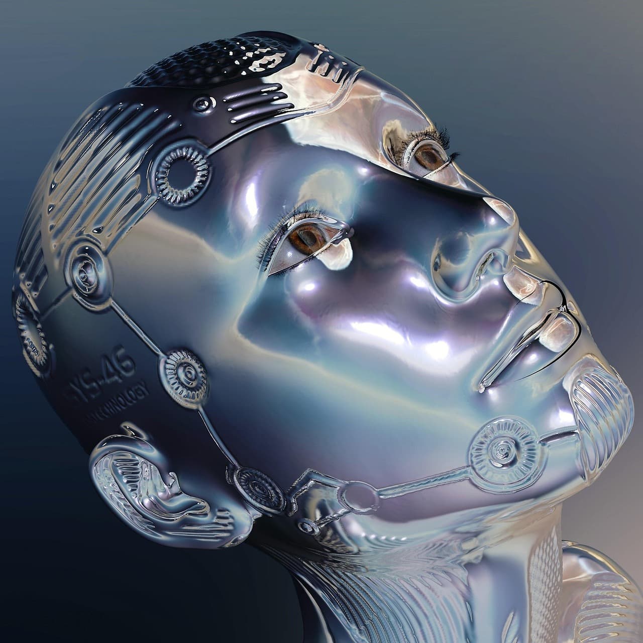 Cabeza de robot humanoide cromado grabada con líneas de circuitos, una ilustración de inteligencia artificial