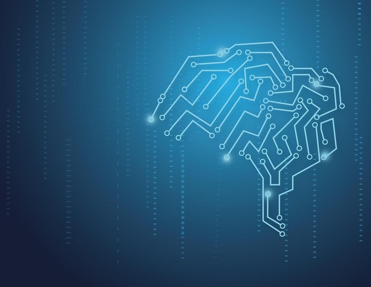 A digital illustration of a brain made of circuit-board lines, representing artificial intelligence