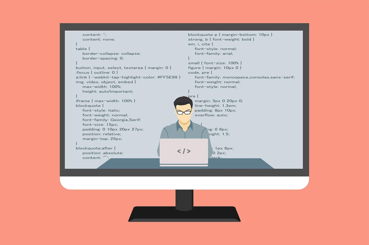 Ilustração de uma pessoa programadora a trabalhar num portátil rodeada de linhas de código